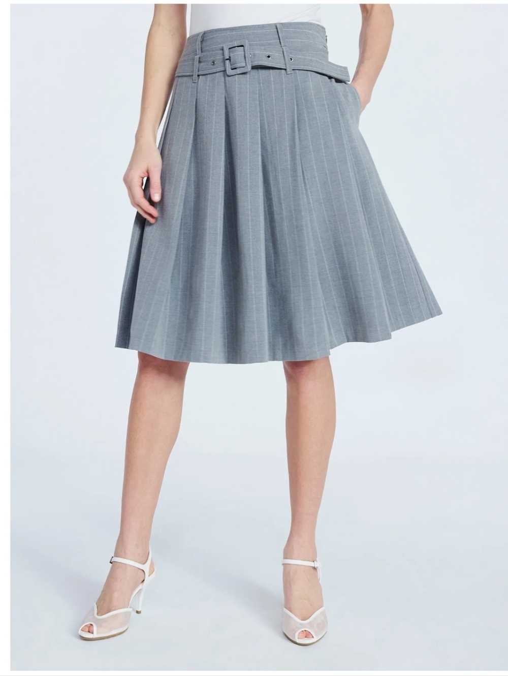 Scoop Women's and Women's Plus Pleated Pinstripe Midi Skirt